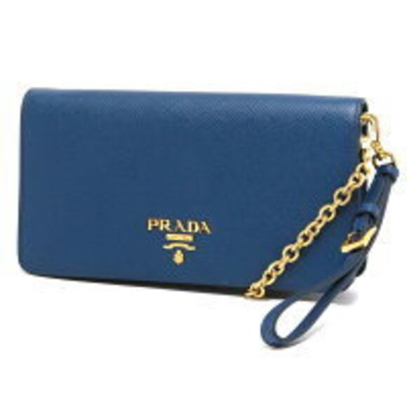 Prada Shoulder Bag Clutch Chain Wallet Saffiano Brietta Blue - Picture 1 of 5